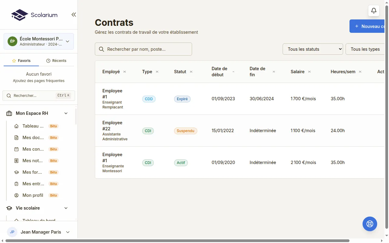 Tableau de bord des contrats